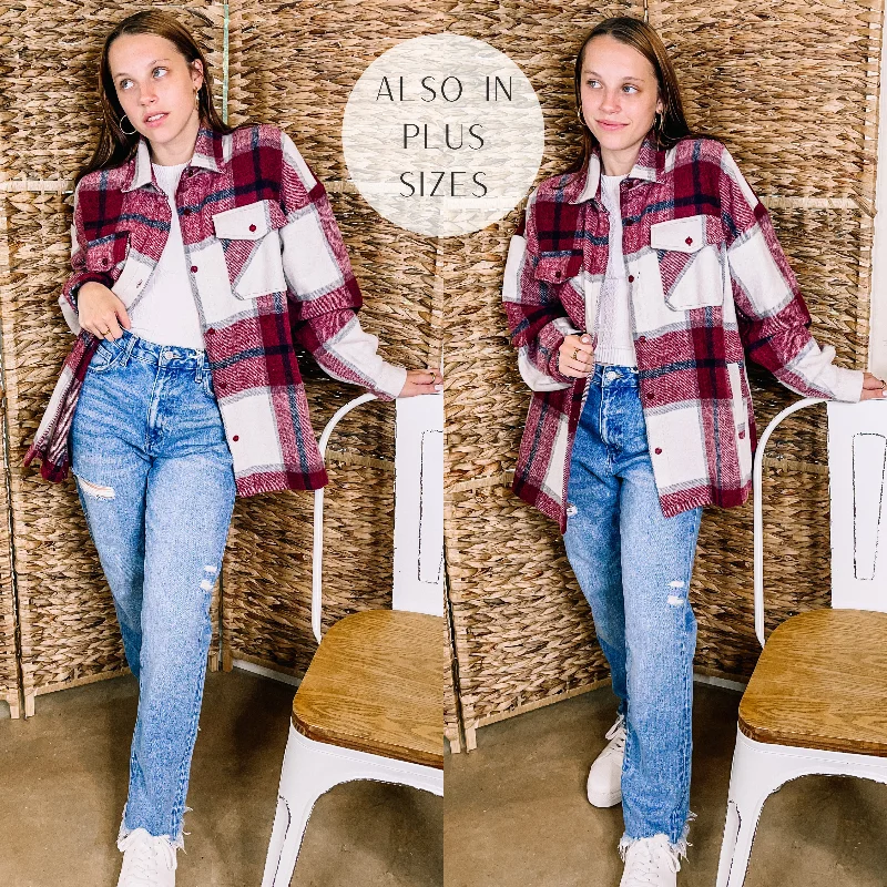 Embroidery Design Cozy Memories Plaid Jacket with Front Pockets in Maroon