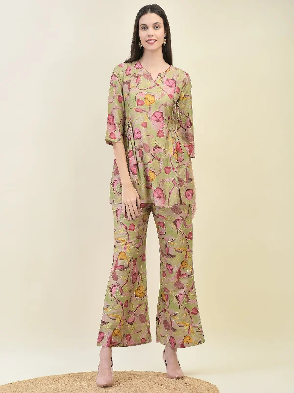 Classic Color Women Viscose Green Tropical Print Co-Ord Set