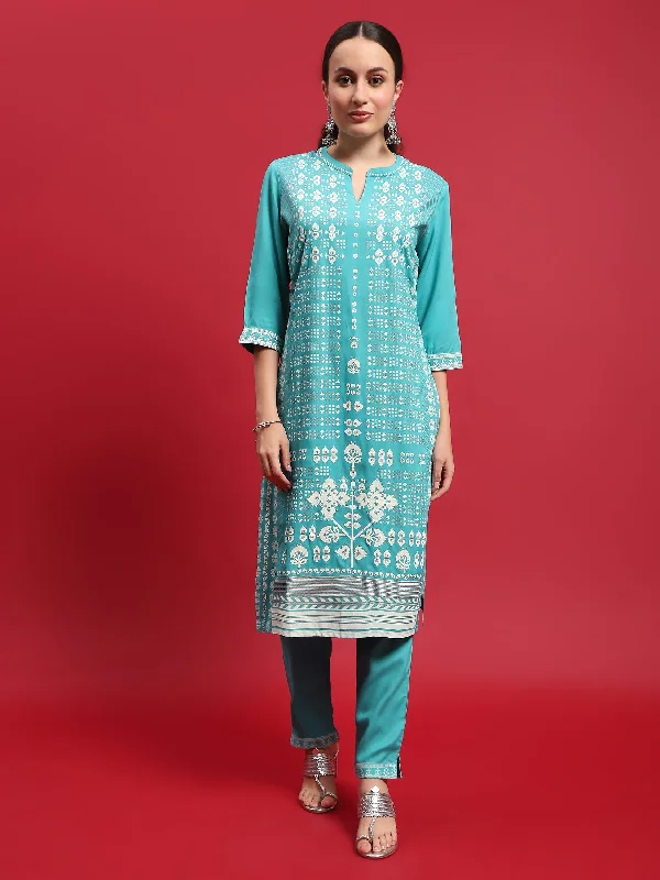 Comfortable Tops Indiessence Women Liva (Rayon) Turquoise Blue Ornamental Print Kurta With Trouser Comfortable Tops Indiessence Women Liva (Rayon) Turquoise Blue Ornamental Print Kurta With Trouser