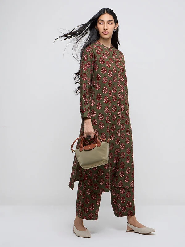 Utsa Olive Botanical Printed Corduroy Cotton A-Line Kurta