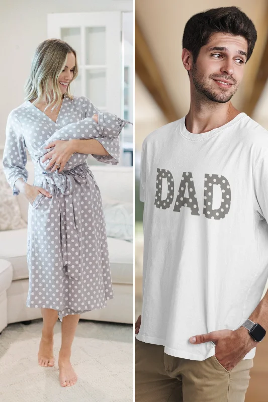 Minimal Comfort Lisa Robe & Newborn Swaddle Blanket Set & Polka Dot Dad T-Shirt