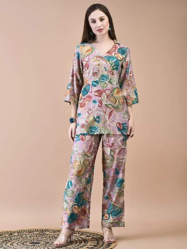 High-end Fabrics Women Liva Lilac Abstract Print Co-Ord Set