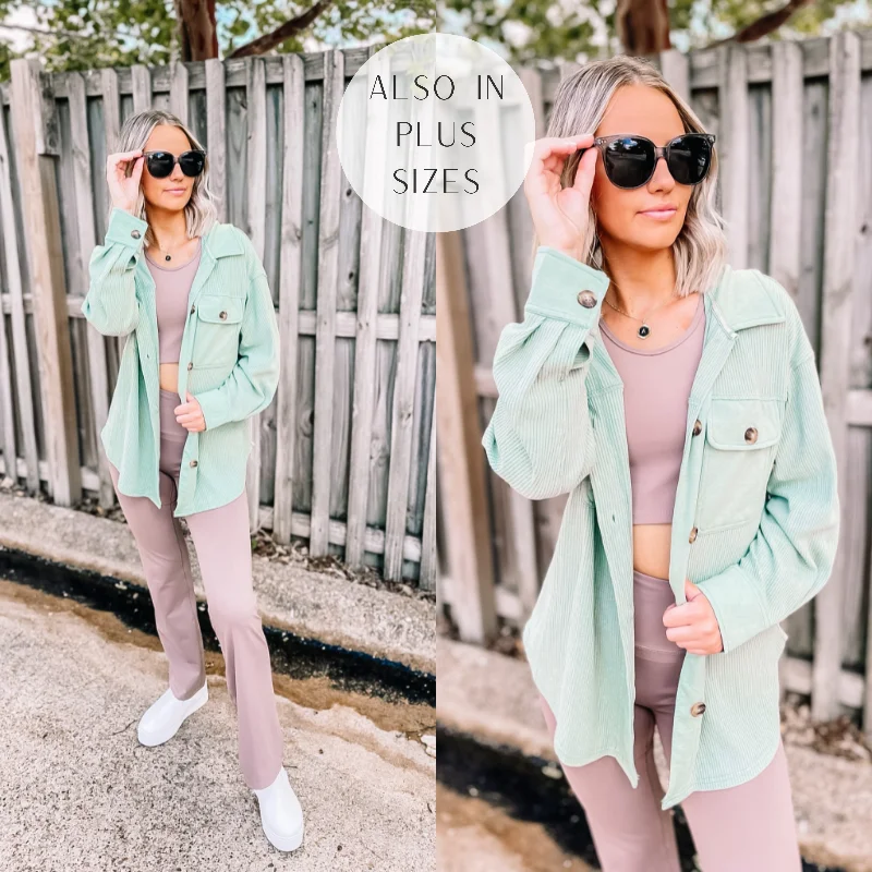 Trendy Comfort Wear A Place To Unwind Button Up Waffle Knit Shacket in Sage Green