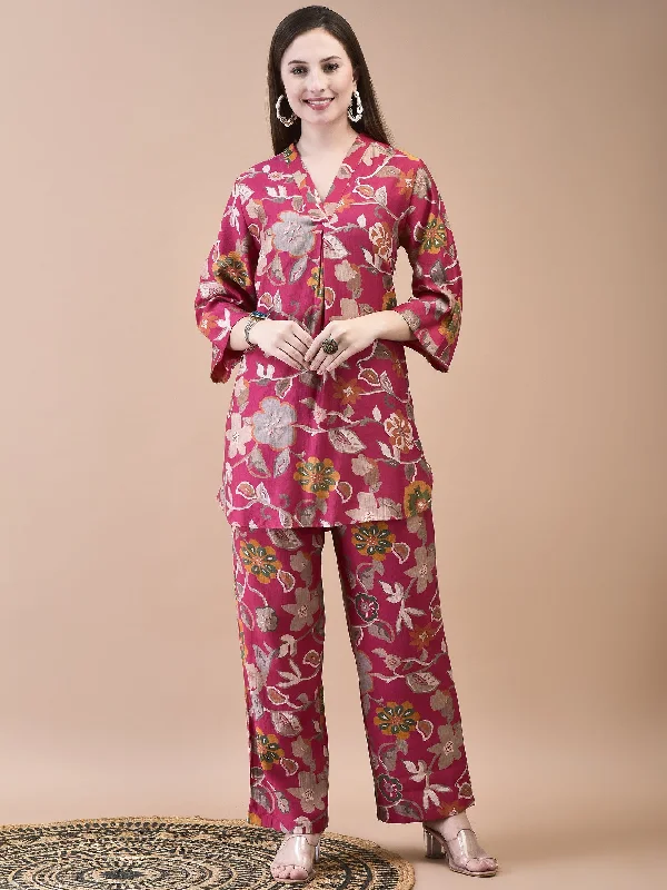 Lazy Style Women Liva Pink Floral Print Co-Ord Set