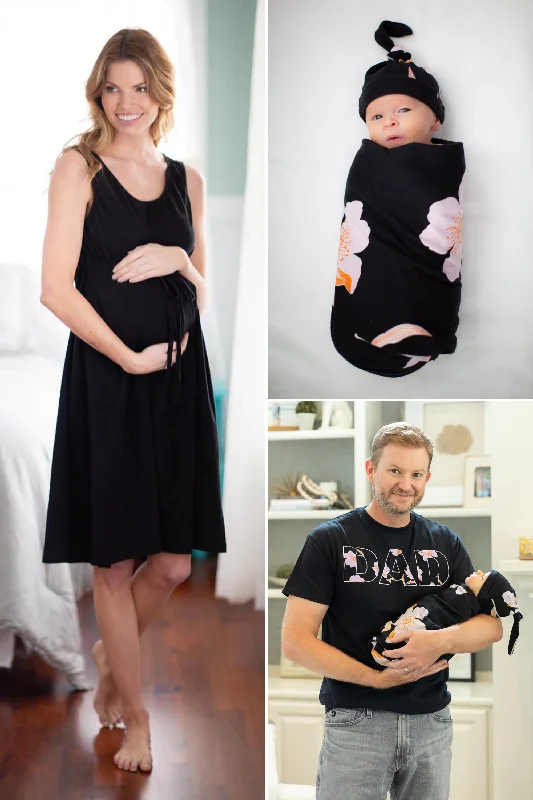 Urban Comfort 3-in-1 Labor Gown in Black & Willow Newborn Swaddle Blanket Set & Willow Dad T-Shirt Set Urban Comfort 3-in-1 Labor Gown in Black & Willow Newborn Swaddle Blanket Set & Willow Dad T-Shirt Set