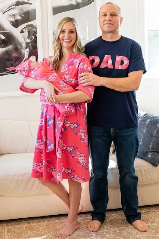 Casual Chic Wear Rose Robe & Newborn Swaddle Blanket Set & Navy Dad T-Shirt