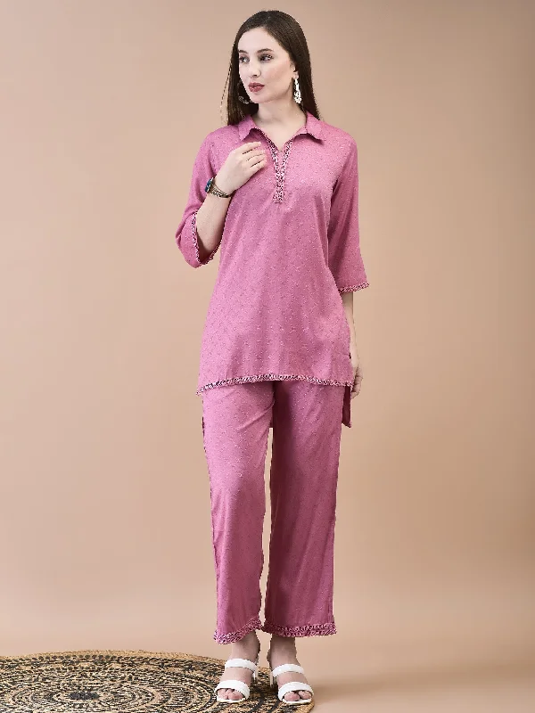 Urban Sense Women Poly Viscose Dobby Pink Solid Co-Ord Set
