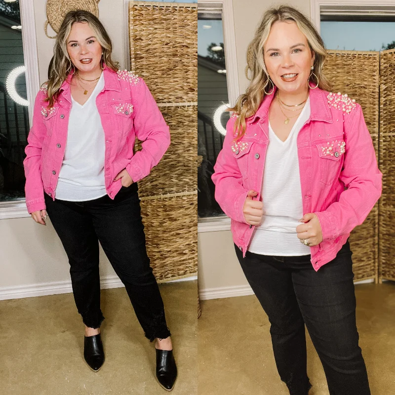 Casual Street Dreams And Desires Button Up Denim Jacket with Pearls and Crystals and Hot Pink