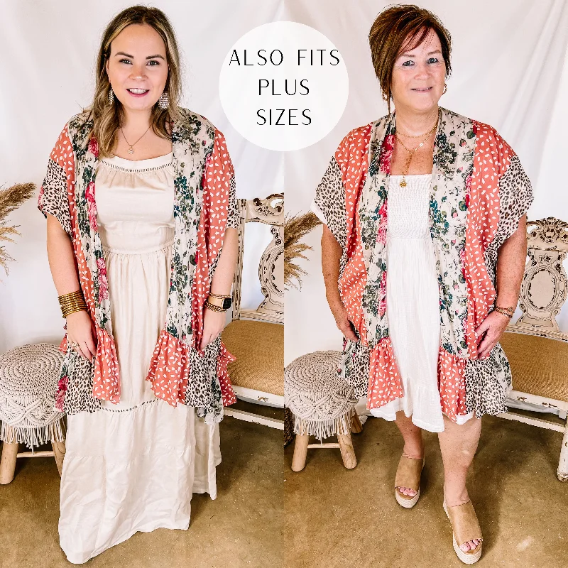 Retro Prints Above It All Mixed Animal and Floral Print Kimono with Ruffle Hem in Ivory and Salmon Retro Prints Above It All Mixed Animal and Floral Print Kimono with Ruffle Hem in Ivory and Salmon