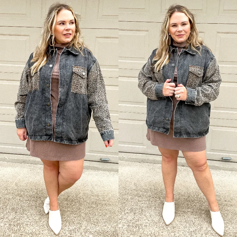 Relaxed Looks Blogger Poses Leopard Print Block Button Up Jacket in Black