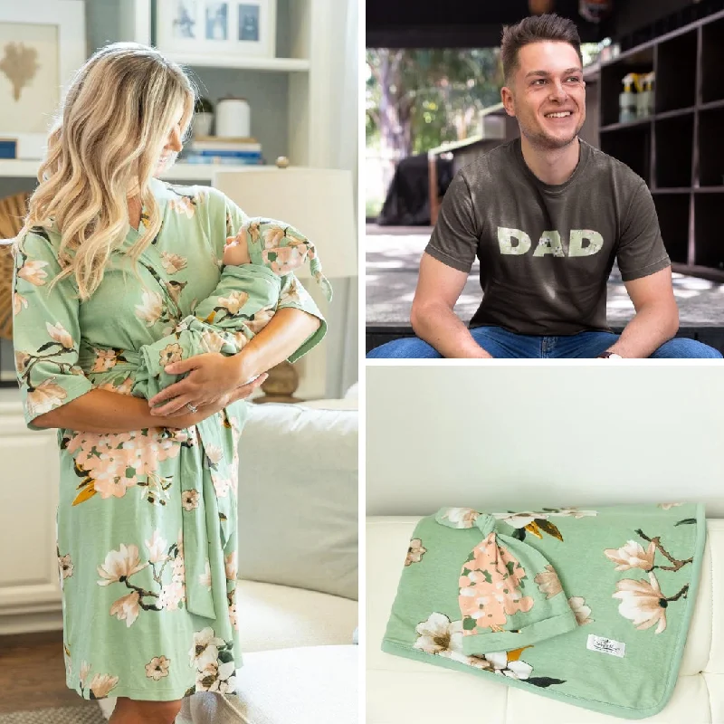 British Style Gia Robe & Newborn Swaddle Blanket Set & Dad T-Shirt