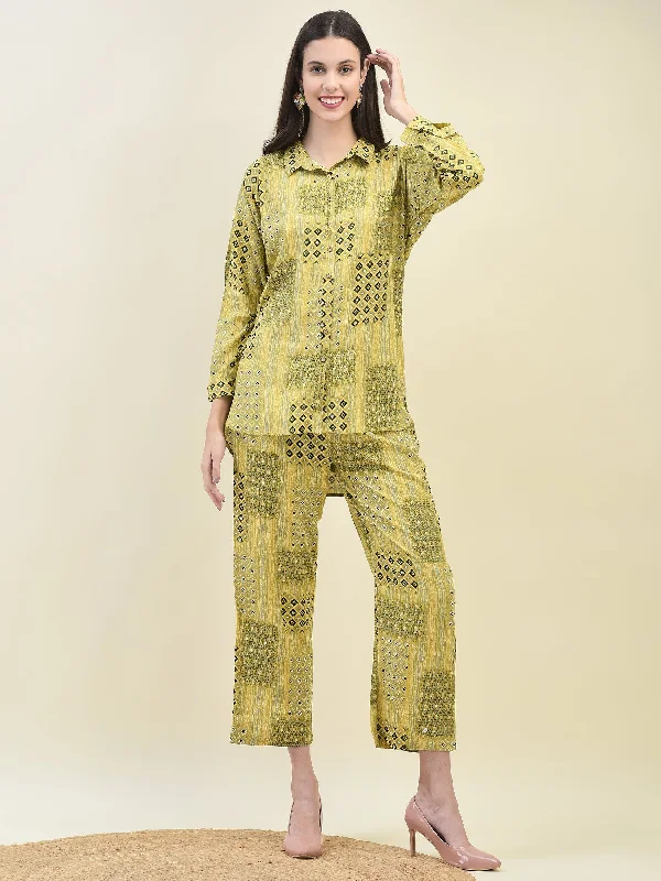 Modern Tailoring Women Liva Rayon Olive Geometric Print Co-Ord Set