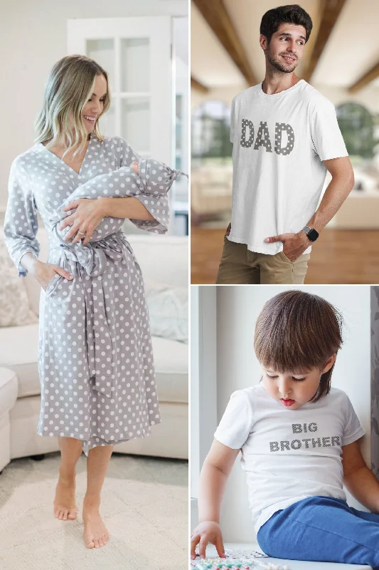 Personalized Design Lisa Robe & Matching Swaddle & Polka Dot Dad T-Shirt & Big Brother T-Shirt Set Personalized Design Lisa Robe & Matching Swaddle & Polka Dot Dad T-Shirt & Big Brother T-Shirt Set