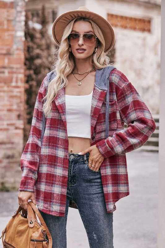Warm Chic Plaid Dropped Shoulder Hooded Longline Jacket