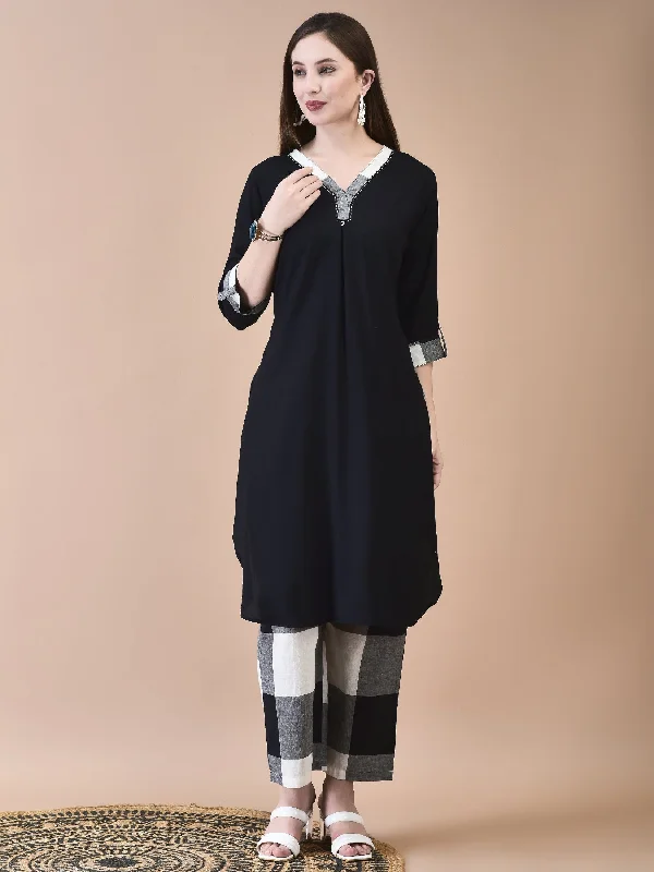 New Autumn And Winter Styles Women Liva (Rayon) Black Solid Kurta With Cotton Comfort Pant New Autumn And Winter Styles Women Liva (Rayon) Black Solid Kurta With Cotton Comfort Pant