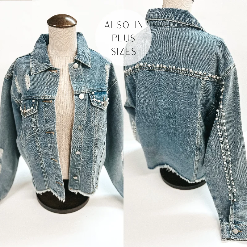 Unique Design Better Than You Imagined Pearl and Crystal Beaded Denim Jacket in Medium Wash Unique Design Better Than You Imagined Pearl and Crystal Beaded Denim Jacket in Medium Wash