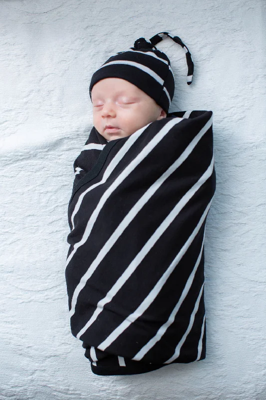 Sporty Comfort Black Striped Swaddle Blanket & Newborn Hat Set