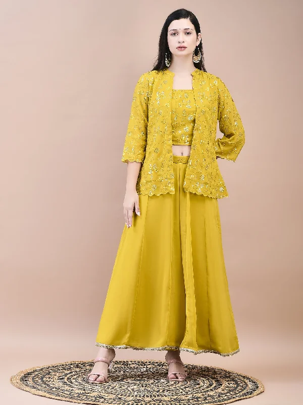 Light And Breathable Women Georgette Mustard Embroidered Top Jacket Split Pant
