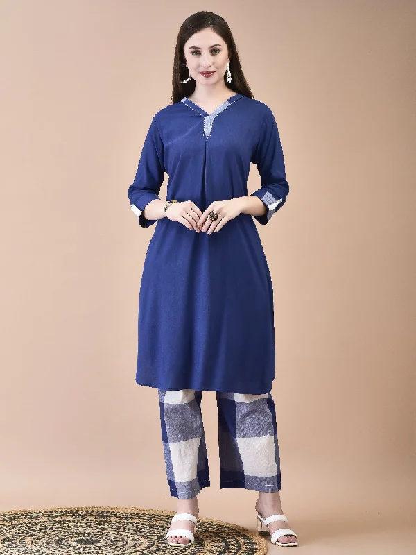 French Style Women Liva (Rayon) Blue Solid Kurta With Cotton Comfort Pant
