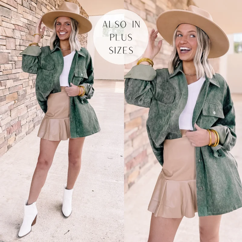 Light Fit Latte Sips Button Up Corduroy Shacket in Olive Green