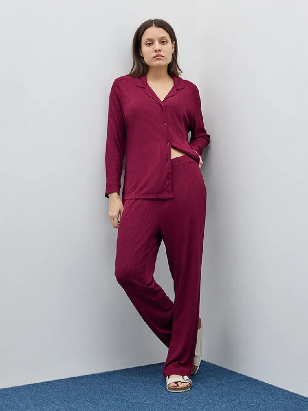 Wunderlove Maroon Supersoft Ribbed High-Rise Lounge Pants