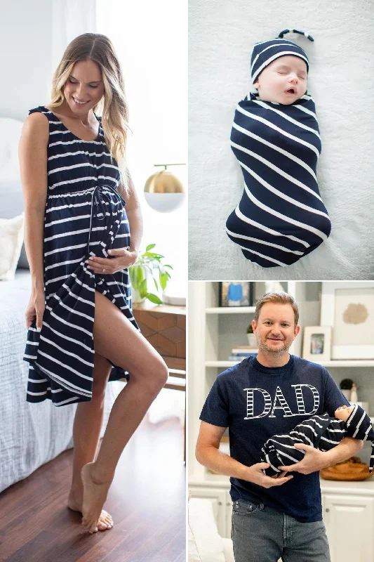 Everyday Outfits Navy Stripe Labor Gown & Swaddle Set & Dad T-Shirt
