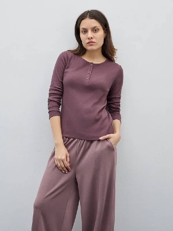 Wunderlove Dusty Purple Ribbed Cotton Henley Top