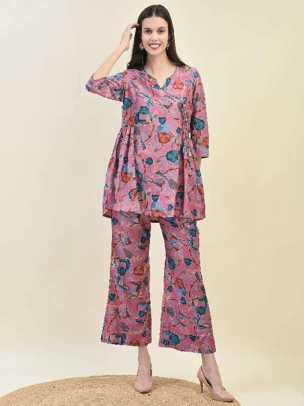 Sports And Leisure Women Viscose Pink Tropical Print Co-Ord Set