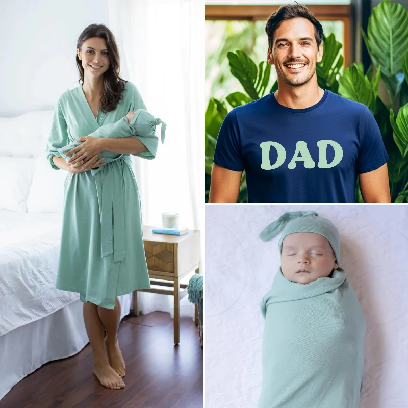 Youthful Street Fashion Sage Robe & Newborn Swaddle Blanket Set & Navy Dad T-Shirt with Sage Text Youthful Street Fashion Sage Robe & Newborn Swaddle Blanket Set & Navy Dad T-Shirt with Sage Text