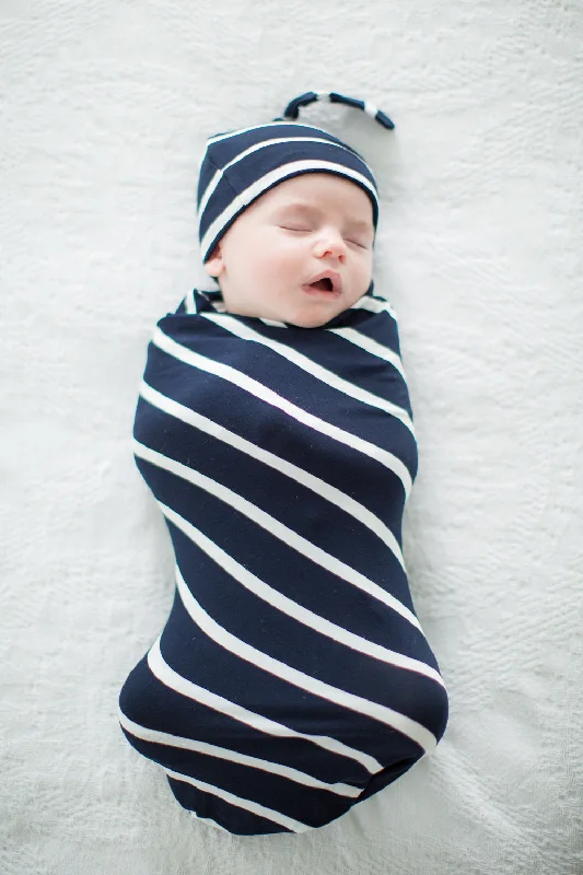 Summer Comfort Navy Striped Swaddle Blanket & Newborn Hat Set