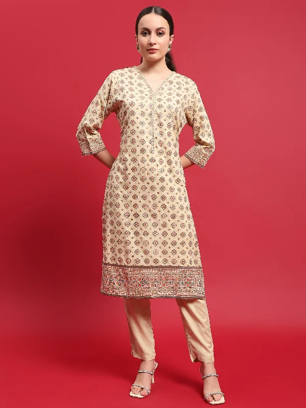 Trendy Comfort Wear Indiessence Women Liva (Rayon) Beige Ornamental Print Kurta With Trouser