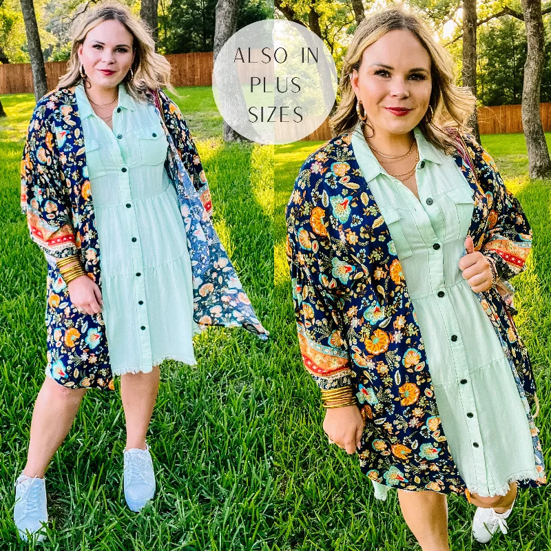 Comfortable And Cold-proof Hard To Leave Side Slit Floral Kimono in Navy Blue