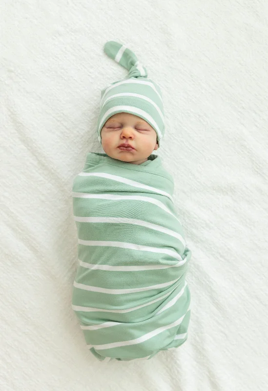 Soft Fashion Sage Stripe Baby Swaddle Blanket & Newborn Hat Set