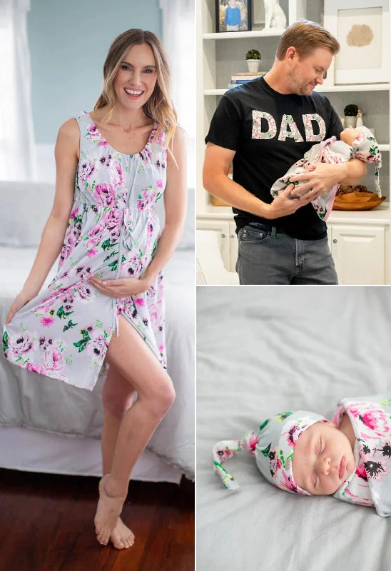 Easy Wear Chic Olivia Labor Gown & Swaddle Set & Dad T-Shirt