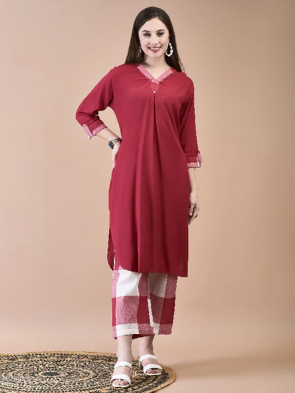 Fashionable And Versatile Women Liva (Rayon) Red Solid Kurta With Cotton Comfort Pant Fashionable And Versatile Women Liva (Rayon) Red Solid Kurta With Cotton Comfort Pant
