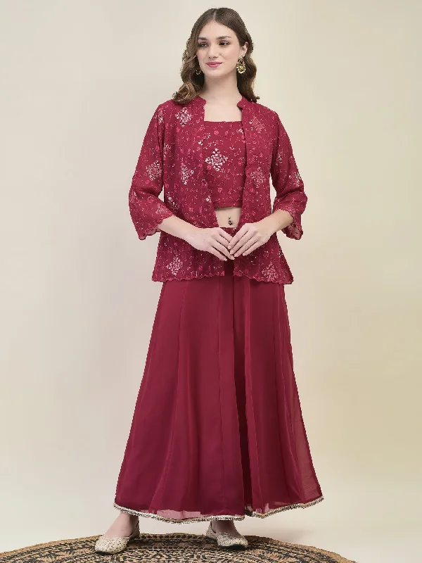 Hooded design Women Georgette Pink Embroidered Crop Top Jacket Flared Split Pant