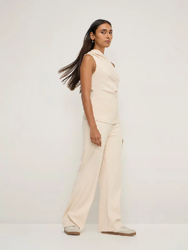 LOV Beige Ribbed-Textured High-Rise Pants