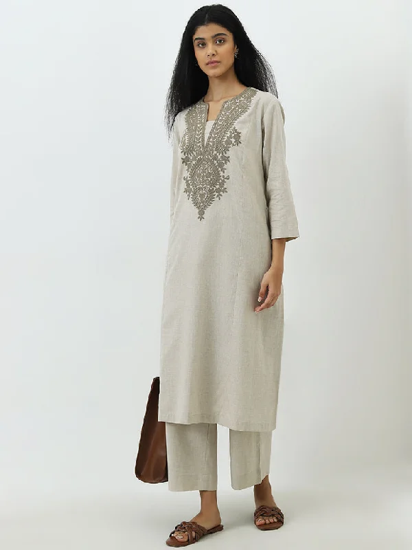 Utsa Beige Floral Embroidered A-Line Cotton Kurta