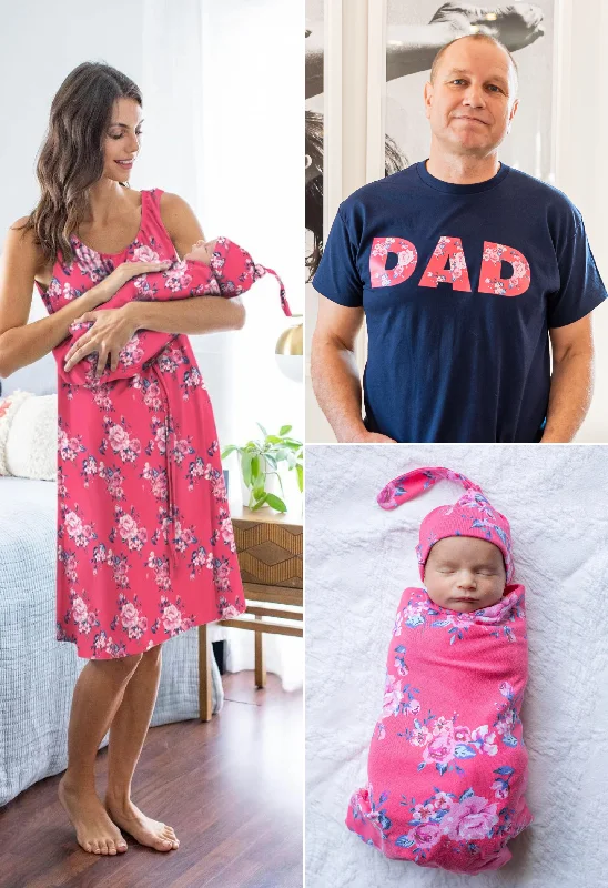 Urban Chic Rose Labor Gown & Swaddle Set & Dad T-Shirt