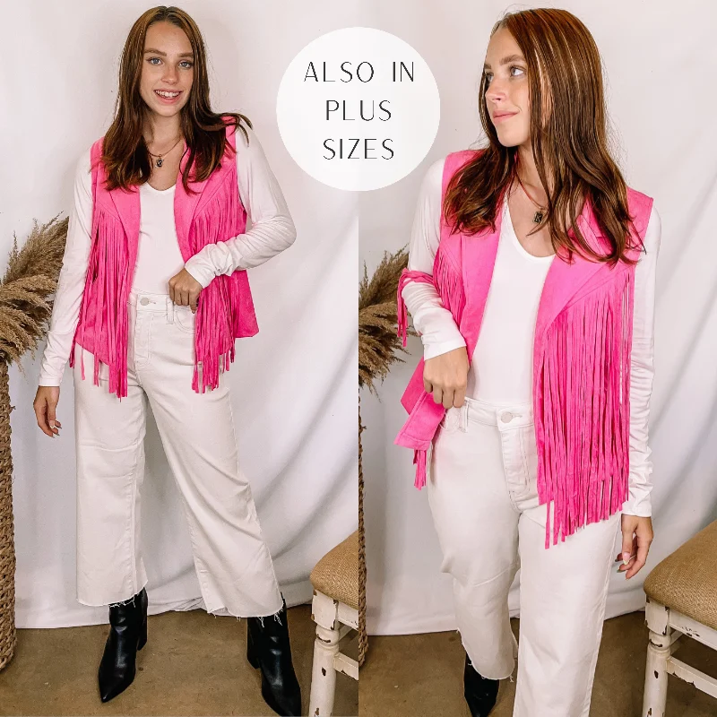 Effortless Dressing Wild Weekend Open Front Suede Fringe Vest in Pink