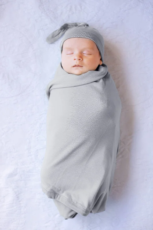 Luxury Classic Light Grey Swaddle Blanket & Newborn Hat Set