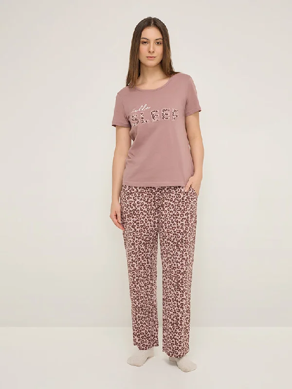 Wunderlove Brown Animal Print High-Rise Cotton Lounge Pants