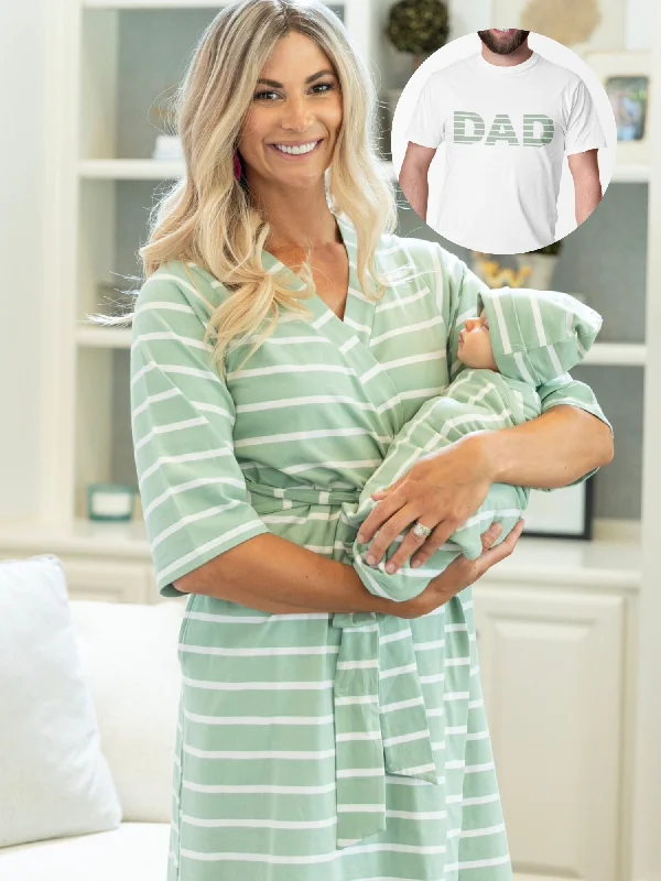 Unique Design Sage Stripe Robe & Newborn Swaddle Blanket Set & Dad T-Shirt