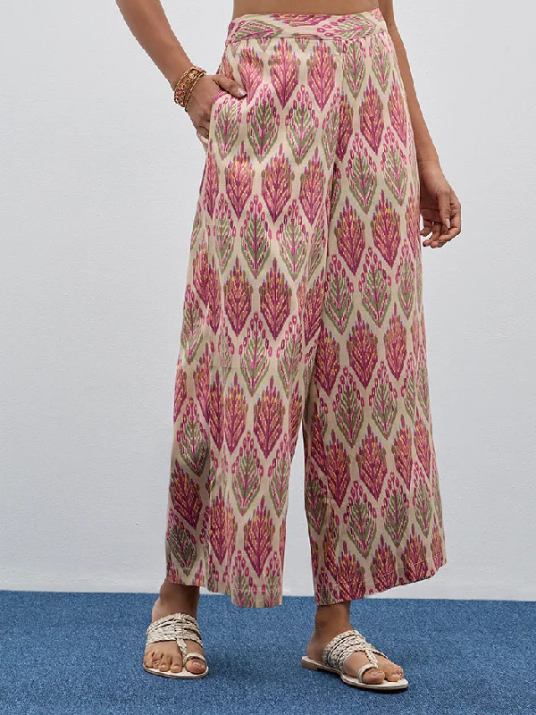 Utsa Beige Ikat Design High-Rise Palazzos