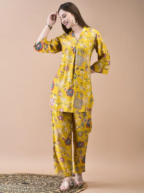 Elegant Style Women Liva Yellow Floral Print Co-Ord Set