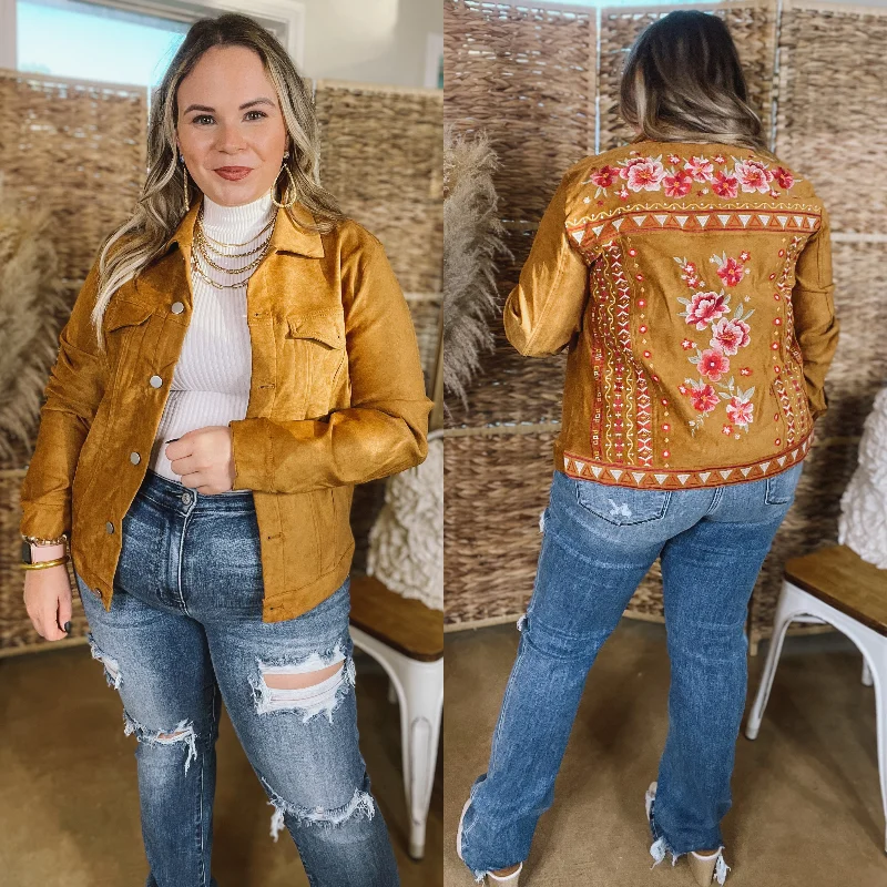 Fashionable In The Times Small Town Girl Floral Embroidered Suede Button Up Jacket in Camel Brown Fashionable In The Times Small Town Girl Floral Embroidered Suede Button Up Jacket in Camel Brown