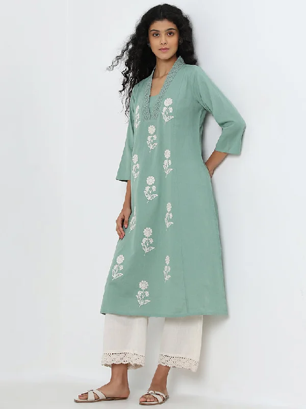 Utsa Sage Floral Embroidered A-Line Cotton Blend Kurta