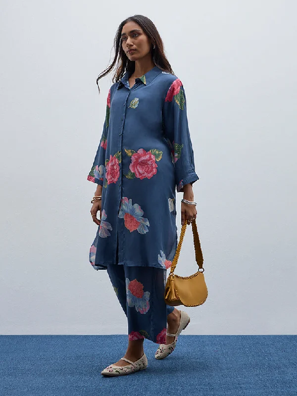 Utsa Indigo Floral Printed A-Line Kurta