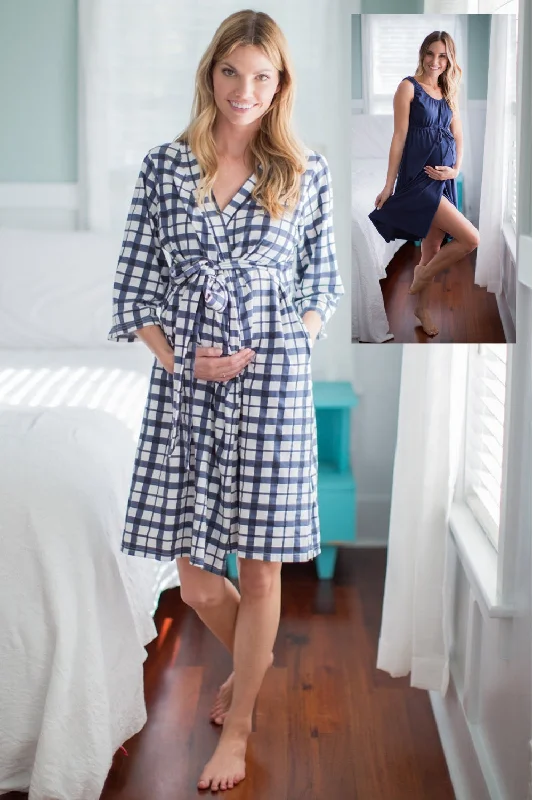 Moisture wicking Blue Gingham Robe & Navy 3 in 1 Labor Gown Set