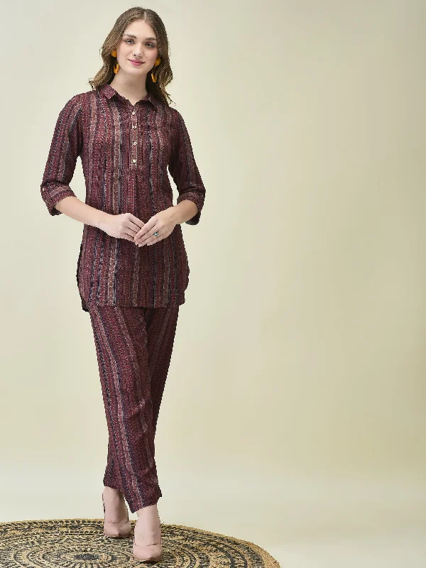 Advanced Customization Women Liva Maroon Stripe Print Co-Ord Set